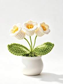 1Pc Hand‑Crocheted 3‑Head Lily Of The Valley Potted Plant, Knitted Artificial Flower Bonsai, Desktop Ornament, Handmade Home Decor Gift - A - View 9