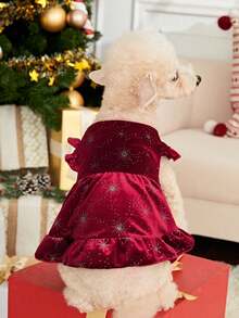 PETSIN 1pc Luxury Pet Velvet Snowflake & Star Print Dress, Christmas Outfit - Multicolor - View 9