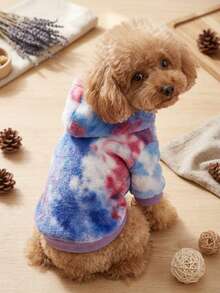 PETSIN 1pc Pet Cat/Dog Warm Plush Tie-Dye Hoodie Sweatshirt, Fashionable In Blue/Red Color - Multicolor - View 3