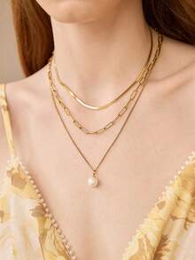MOTF PREMIUM Pre18k Gold Plated Triple Stacked Pearl Pendant Necklace - Golden 1 - View 3