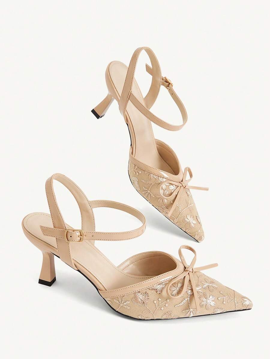 CUCCOO CHICEST Women's Embroidery Floral Slingback Heels, Bow Decor Pointed Toe Mesh Stiletto Sandals, Elegant Backless High Heels For Daily Wedding Party - Apricot - View 1