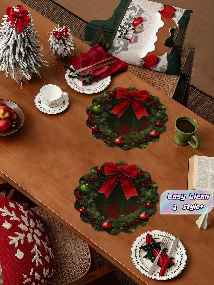 1 Buah Alas Meja Makan Motif Pohon Natal dan Kepingan Salju Bentuk Tidak Beraturan, Anti Selip, Tahan Panas, Cocok untuk Pesta Liburan, Dapur, Dekorasi Rumah, dan Hadiah. - D - View 1