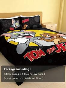 TOM & JERRY X SHEIN 3 件套卡通图案床上用品，拉绒材质，柔软温暖，黑色，多种尺寸可选，适用于单人床/双人床/大床/特大床 - 黑色 - 查看 5