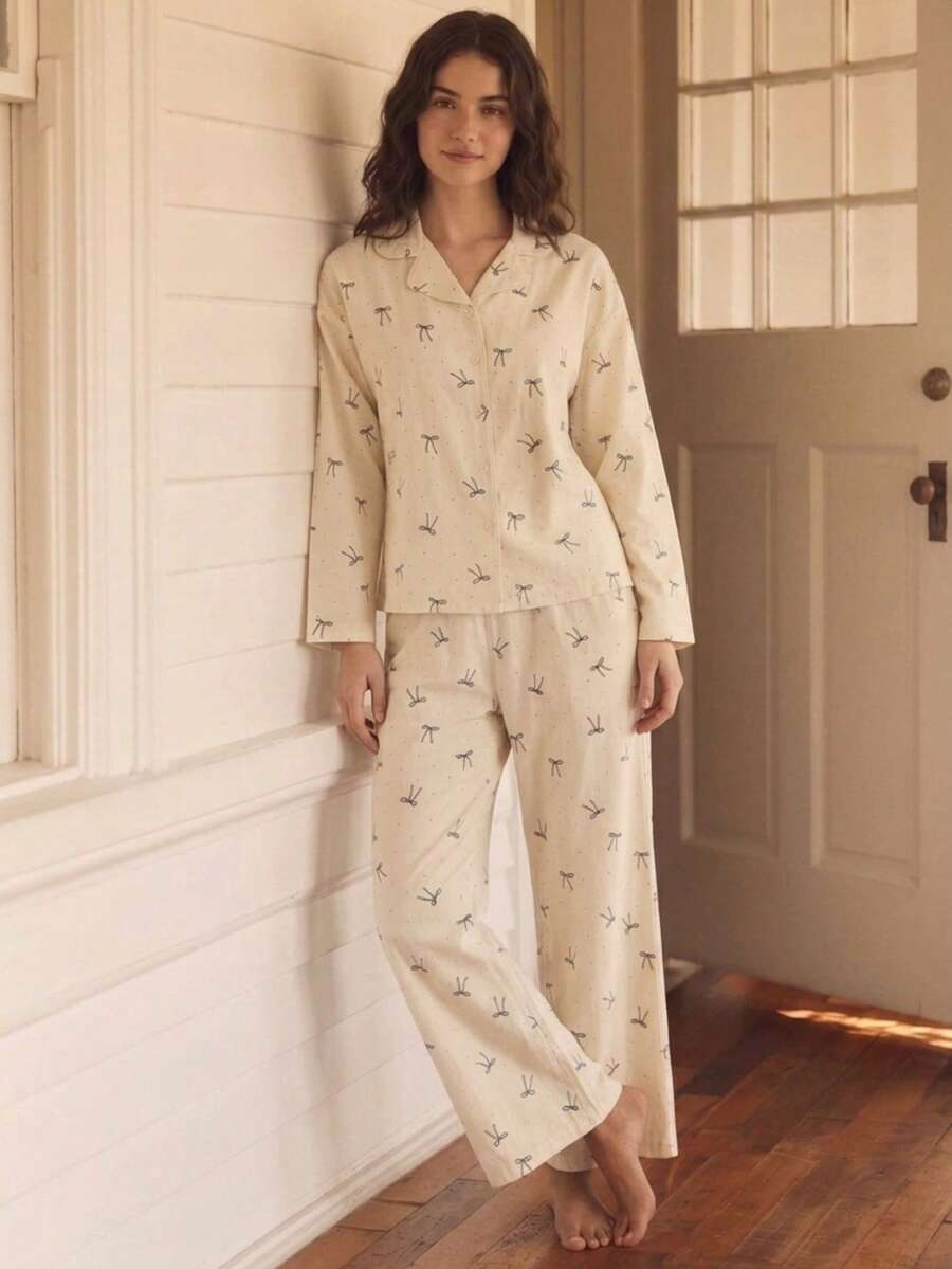 Cirelle 2 Pieces Long-Sleeved Sleepwear Set With Square Bow Printing, Lapel, And Button-Up Design For Casual Home Wear - White - View 1
