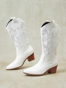 Styleloop Retro Old Pleated Pile Western Cowboy Short Boots Women's Pointed Thick Heel Sleeve Medium Boots Autumn And Winter Versatile Knight Boots - White - View 3