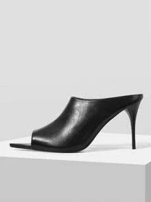 Mnmlis Black Lychee Pattern High Heel Mules Female, Pointed Toe Thin Heel, Commuter Dating Elegant Sandals - Matte Black - View 1