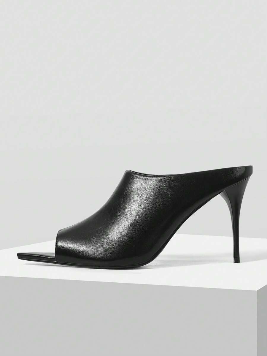 Mnmlis Black Lychee Pattern High Heel Mules Female, Pointed Toe Thin Heel, Commuter Dating Elegant Sandals - Matte Black - View 1