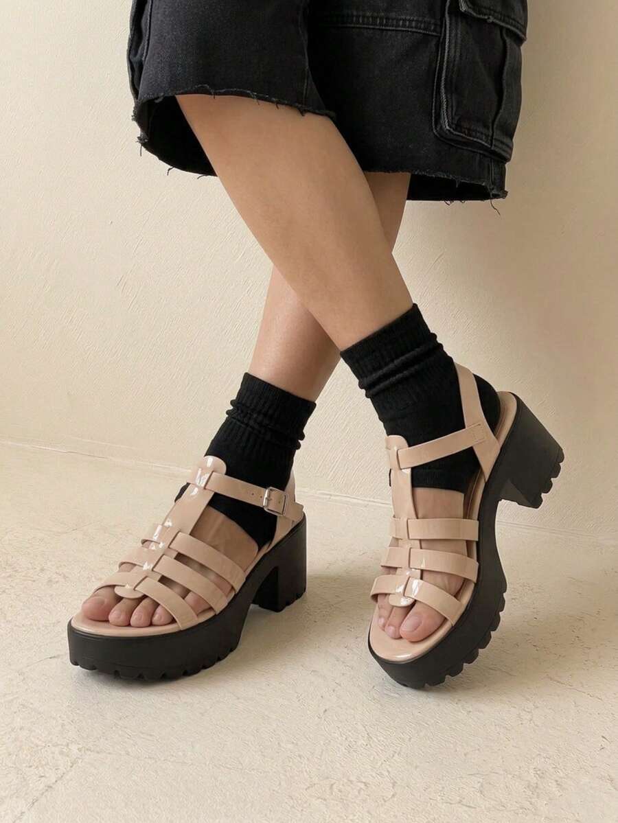 HighSole 女款時尚高跟綁帶涼鞋 簡約休閒日常款 - 深杏色鏡面 - 查看 1