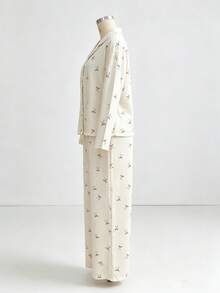 Cirelle 2 Pieces Long-Sleeved Sleepwear Set With Square Bow Printing, Lapel, And Button-Up Design For Casual Home Wear - White - View 6