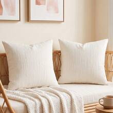 Cirelle 1pc/2pcs All-Season Vertical Textured Chenille Throw Pillow Covers, Solid Color Striped Square Cushion Cases, Neutral Minimalist Farmhouse Boho Decor For Sofa Bedroom Bay Window Homestay, Pillow Insert Not Included - White - View 11