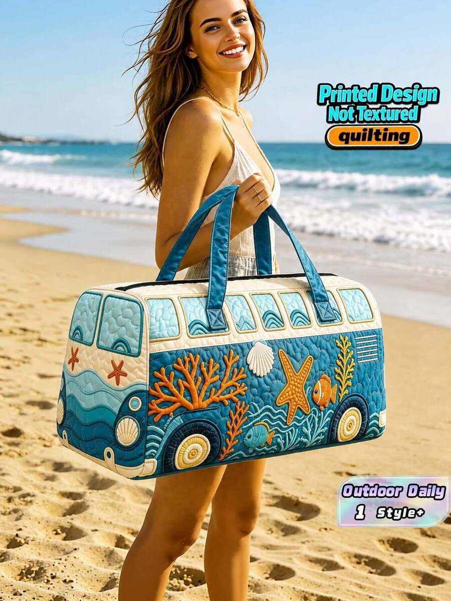 1PC Quilted Printed Tote Bag Flat Design Lightweight Travel Duffle Gym Yoga Carryall Storage Organizer For Women Outdoor Vacation Weekender Casual Daily Use - View 1