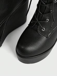 Sugerpunk Sepatu Bot Ankle Platform Wedge Retro Gaya Punk Musim Semi/Gugur untuk Wanita – Tekstur Butiran Leci Gotik, Bertali & Penutup Resleting Belakang - Hitam - View 4