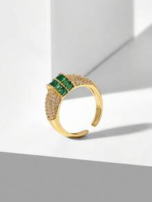 MOTF PREMIUM Vintage Wide-Sided Double-Row Ladder Square Emerald Dense Inlaid Diamond Ring - Gold - White Green Diamond - View 2