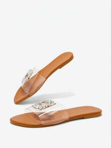 Eladyva Square Buckle Rhinestone Transparent Round Toe Flat Sandals, Brown Outdoor Beach Casual Women's Slippers - Brown - View 4