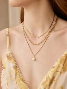 MOTF PREMIUM Pre18k Gold Plated Triple Stacked Pearl Pendant Necklace - Golden 1 - View 5