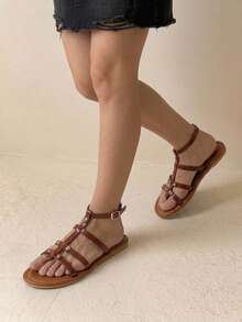 HighSole 女士简约时尚心形装饰人字拖，金属色夏季户外沙滩平底凉鞋 - 棕色 - 查看 4