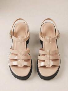 HighSole 女款時尚高跟綁帶涼鞋 簡約休閒日常款 - 深杏色鏡面 - 查看 9