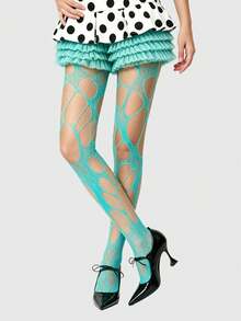 ROMWE Goth 1雙深色哥德風薄荷藍綠純色破洞魚網襪 - 8霧霾藍33 - 查看 6