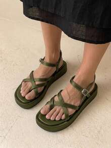 HighSole Spring And Summer New Multi-Belt Cross Back Buckle Design Open Platform Simple Versatile Wind Green Women's Sandals Daily Commuting Shopping Wear - Dark Green - View 3