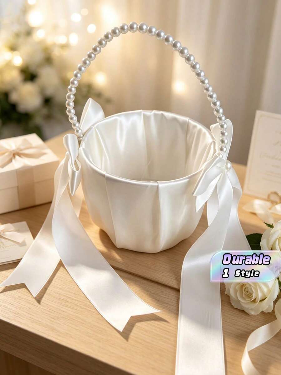 2Pcs Wedding Flower Girl Baskets, Satin Flower Basket With Cute Pearl Handle & Bowknot, Wedding Ceremony Decor Supplies, Ivory Color - Pearl Bow Flower Basket - View 1