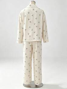 Cirelle 2 Pieces Long-Sleeved Sleepwear Set With Square Bow Printing, Lapel, And Button-Up Design For Casual Home Wear - White - View 5