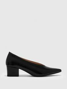 CUCCOO BIZCHIC Women's Black Pointed Toe Patent Leather Chunky Heel Pumps Daily Office Fall Shoes - Black - View 2