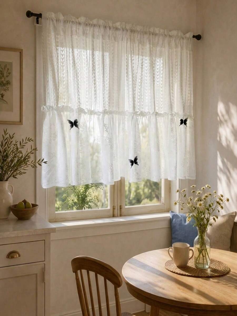 Cirelle 1pc French Country White Lace Cafe Curtains - Ruffled Tier Kitchen Short Curtain With Butterfly Accent, Sheer Floral Lace Half Window Valance For Bathroom, Bistro & Small Windows - Multicolor - View 1