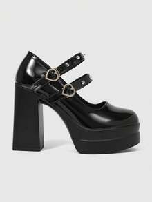 Sugerpunk Women's Thick-Soled Thick-Heeled Shoes, Punk Style, Dark Fashion Patent Leather Round Toe, Low Vamp Rivets, Front Lace Bow Mary Jane High Fall Shoes - Yaohei - View 1