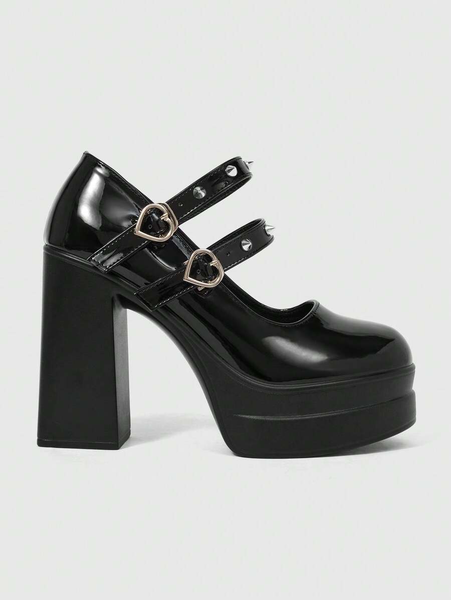 Sugerpunk Women's Thick-Soled Thick-Heeled Shoes, Punk Style, Dark Fashion Patent Leather Round Toe, Low Vamp Rivets, Front Lace Bow Mary Jane High Fall Shoes - Yaohei - View 1