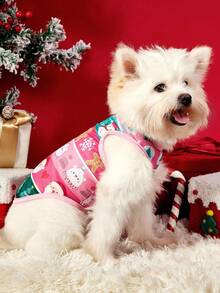 PETSIN 1pc Pink Edge Splicing Pink Green Stripe Tank Top, Santa Claus/Christmas Tree/Snowman Elements Gather For Christmas Pet Skin Friendly Breathable Tank Top - Multicolor - View 7