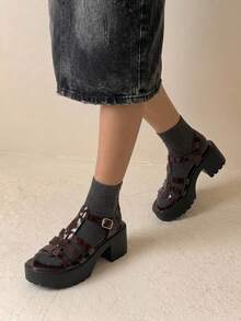 HighSole 女款時尚高跟綁帶涼鞋，簡約休閒日常款 - 咖啡棕鏡面 - 查看 5