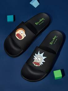 Rick and Morty X SHEIN 时尚卡通图案男士一脚蹬拖鞋防滑速干淋浴拖鞋，轻便耐用的 EVA 材质，男女通用，适用于居家、浴室、游乐场、游泳池、海滩室内外 - 黑色 - 查看 2
