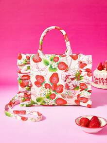 Strawberry Shortcake X SHEIN Strawberry Print Dual-Use Handbag With Acrylic Charm, Wearable As Handbag Or Crossbody For Daily Outing Essentials Storage - Pink - View 2