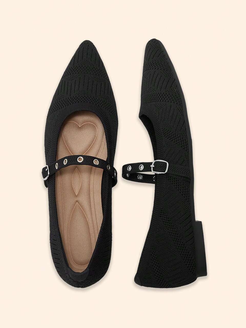 CUCCOO BASICS Women's Pointed Toe Flat Bottom Black Knitted Low Vamp Women's Shoes With Breathable Slip-On Ballet Flat Bottom Mary Jane Women