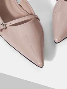Mnmlis Naked Pink Bright Patent Leather Rear Empty High-Heeled Sandals Women's, Front Stilettos Metal Buckle Pointed Thin Heel Gentle Dating Shoe - Naked pink - View 6
