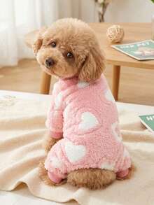 PETSIN Pet Cat Dog Universal Pink Heart-Shaped Printed Warm Lining Flannel Jumpsuit - Multicolor - View 3