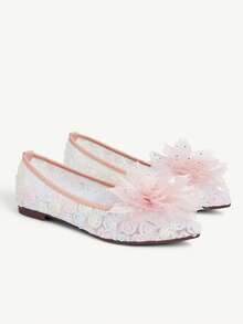 CUCCOO CHICEST Stylish And Sexy Closed Toe Pointed Women's Flat Shoes Rhinestone Flower Transparent Mesh Pink Flats - Pink - View 2