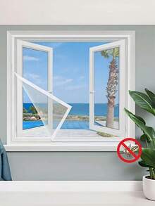 1pc White Self-Adhesive Window Screen, No-Drill Mosquito Net With Hook & Loop, Fiberglass Mesh Insect Barrier, Easy Install DIY Door Window Net For Home - White - View 6