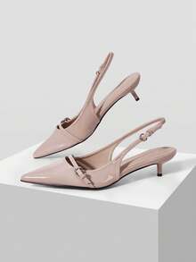 Mnmlis Naked Pink Bright Patent Leather Rear Empty High-Heeled Sandals Women's, Front Stilettos Metal Buckle Pointed Thin Heel Gentle Dating Shoe - Naked pink - View 5