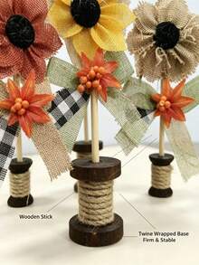 Set Of 3 Primitive Burlap Sunflower Decorations, Vintage Wooden Thread Spool Sunflower Table Centerpiece, Country Farm Style Autumn Thanksgiving Dining Table Desktop Decor - Sunflower - View 4