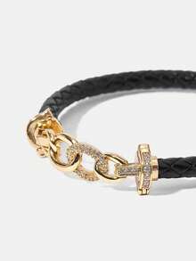 MOTF PREMIUM Pre Gold Stone Splicing Black PU Leather Exquisite Bracelet - Black - View 5