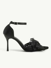 CUCCOO CHICEST Pointed Satin Texture Bow Hollow Versatile Elegant Fairy Style Sexy Black High Heels - Black - View 3