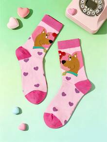 SCOOBY-DOO X SHEIN 2 Pairs Romantic Women's Heart Pattern Crew Socks,Valentine's Day - Multicolor - View 9