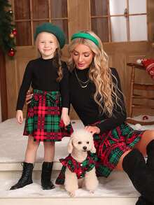 PETSIN 1pc Christmas Pet Red & Green Plaid Puff Sleeve Dress - Multicolor - View 8