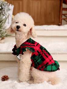 PETSIN 1pc Christmas Pet Red & Green Plaid Puff Sleeve Dress - Multicolor - View 11