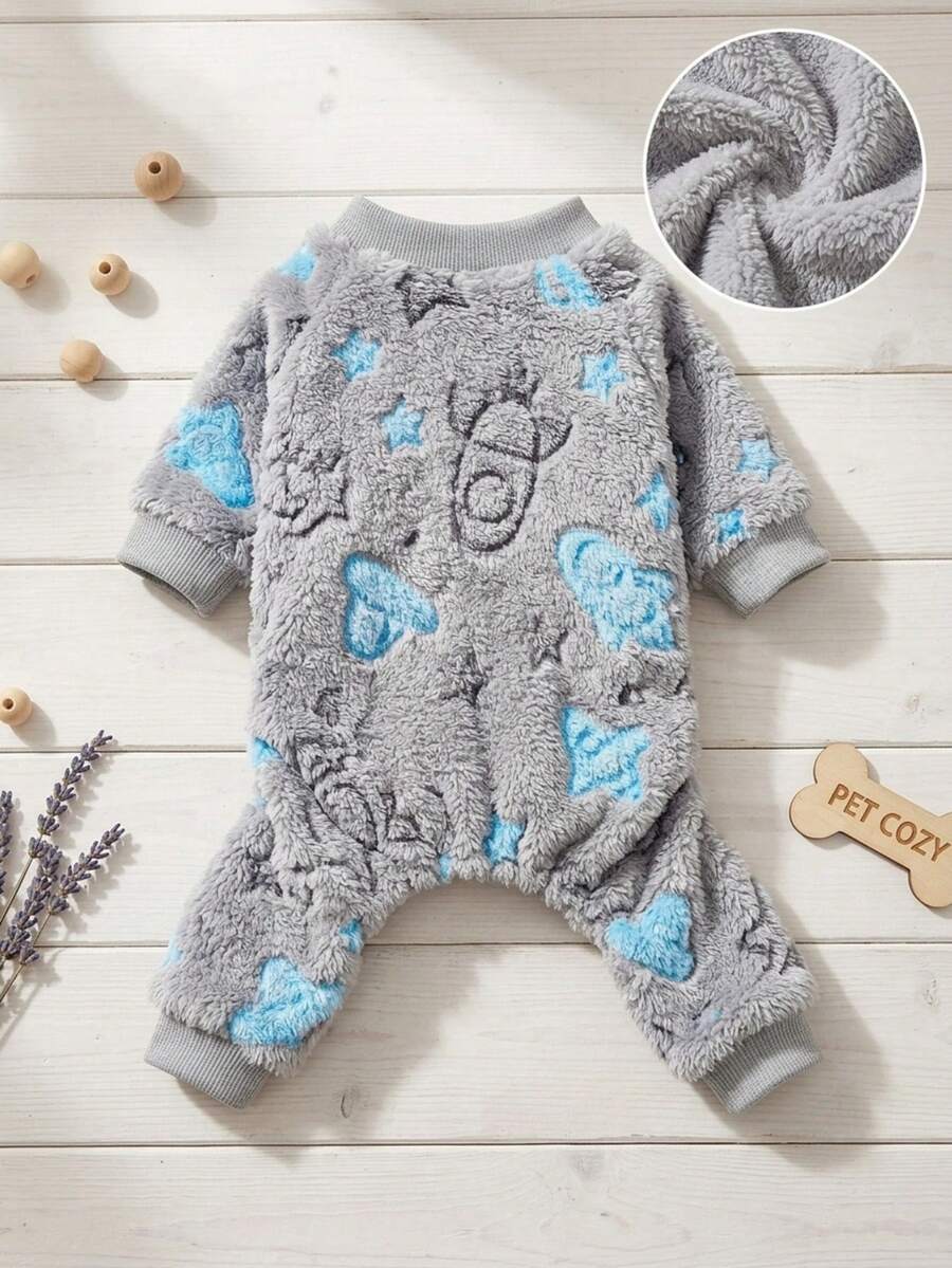 PETSIN 1pc Small Rocket Print Blue Star Flannel Pet Jumpsuit Gray Thick Warm Pet Clothing - Multicolor - View 1