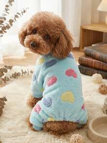 PETSIN 1pc Blue Heart Pattern Fleece Thermal Jumpsuit For Medium/Small Cat Or Dog - Multicolor - View 2