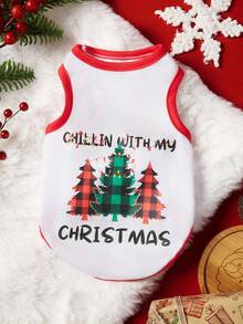 PETSIN 1pc Christmas Pet Vest, Eye-Catching Red And Green Checkered Christmas Tree Print, Breathable And Skin Friendly Printed Pet Vest With Red Border Contrasting Design - Multicolor - View 2