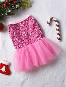 PETSIN Christmas Sparkly Pink Glitter Princess Mesh Tutu Skirt, For Dogs & Cats Party Wear, Fluffy & Shiny - Pink - View 8