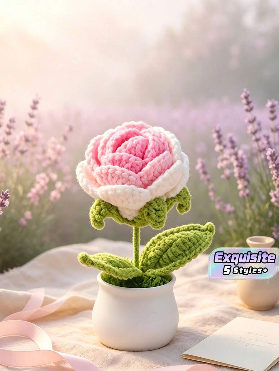 1 st handgjord virkad ros i kruka, färdigstickad konstblomma, kreativ dekorationsprydnad, liten present för lärarens dag, bordsdekoration för hemmet - 18 kronblad - Visa 1